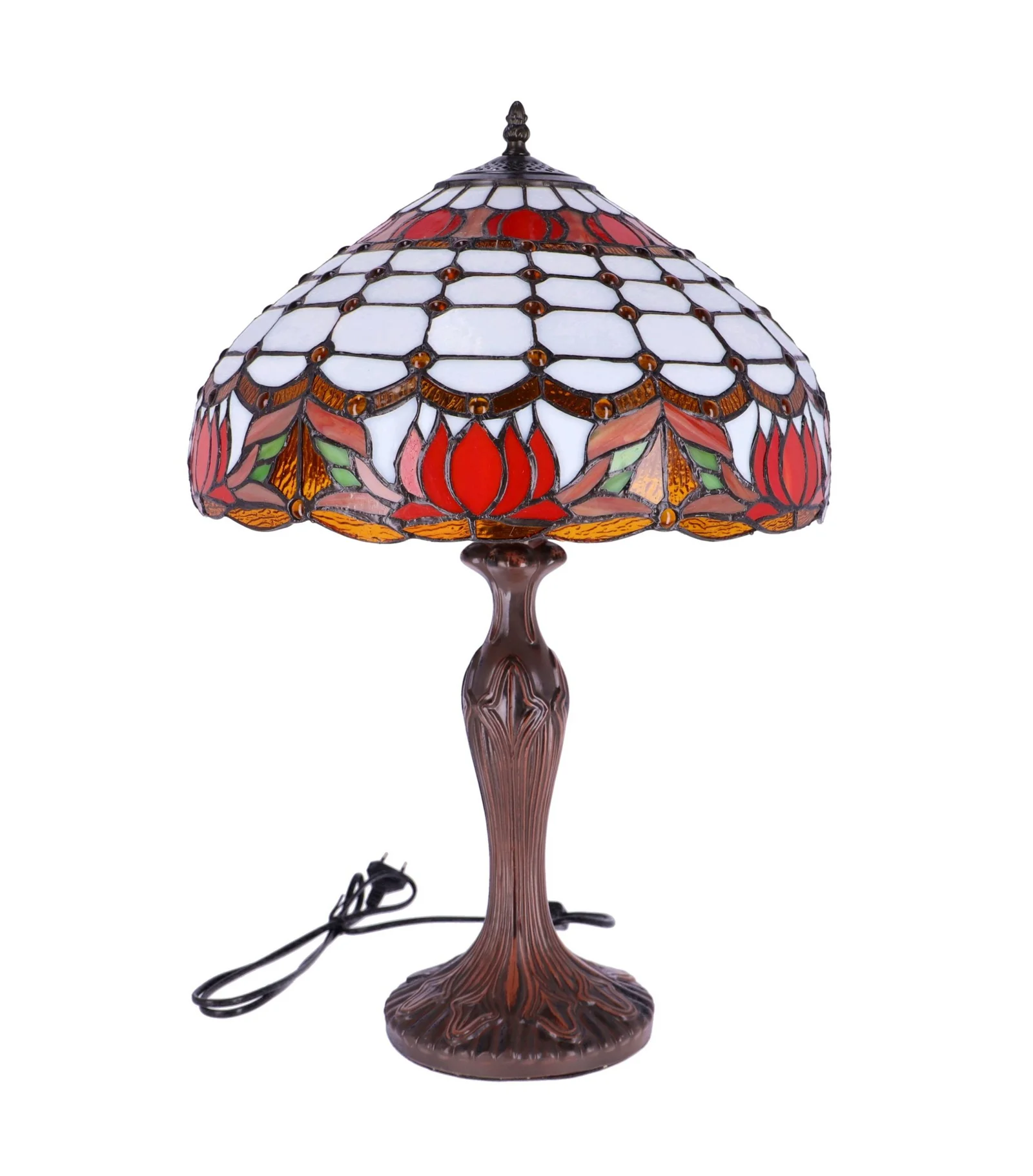Lampa de masa Tiffany Red Lotus h 62 cm, abajur 40 cm